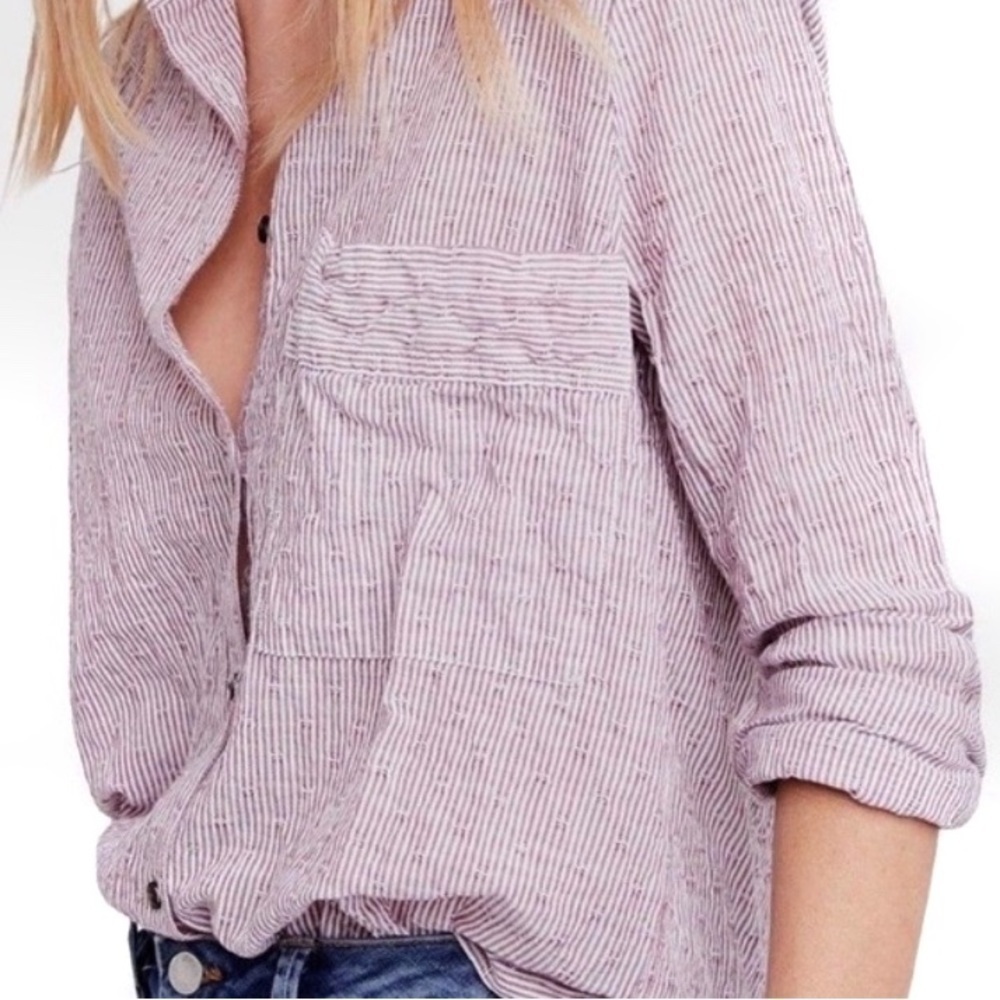 Free People No Limits Shirt Sz XS Button Down Oversized Tunic Striped Red